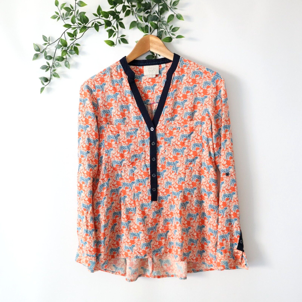 Vanessa Virginia Anthropologie Orange Blue Tiger Print Long Sleeve Rayon Size 0